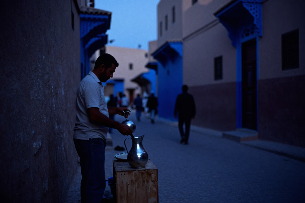 Indigo Twilight Street Scene in Fez Morocco with Pitcher and Colander in in Fez, Morocco