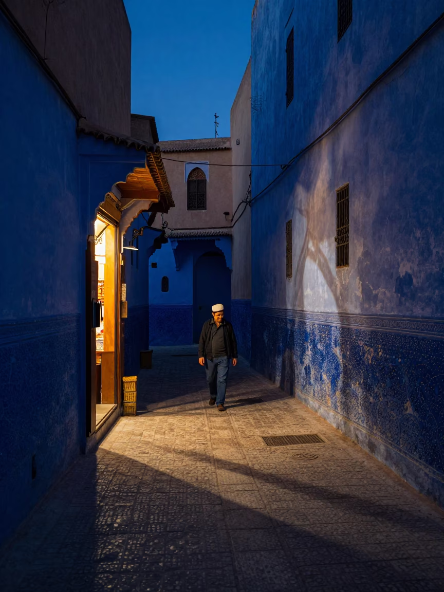Indigo Twilight Street Scene in Fez Morocco with Pruning Shears in in Fez, Morocco