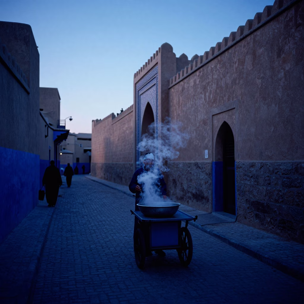 Indigo Twilight Street Scene in Fez Morocco with Steam and Basin Water in in Fez, Morocco