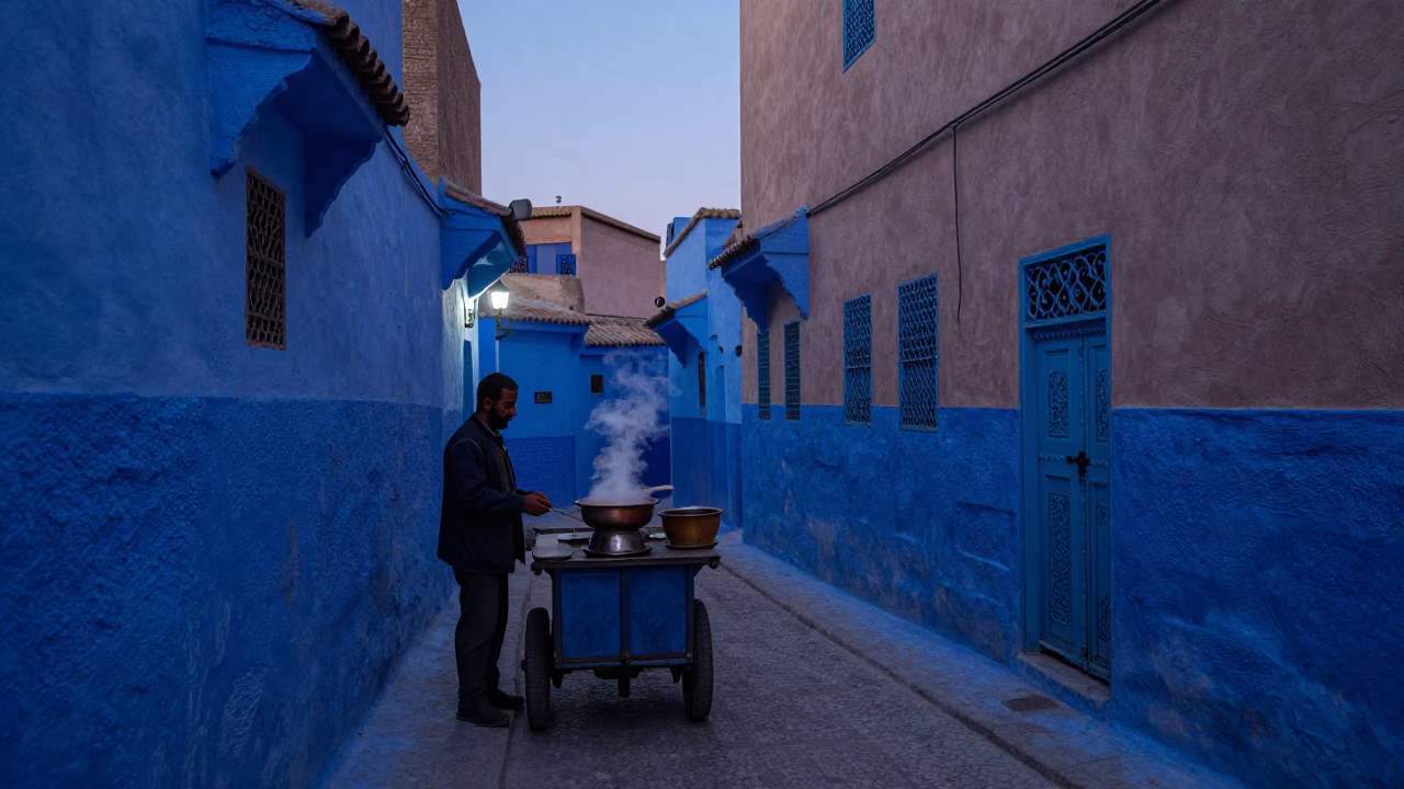 Indigo Twilight Street Scene in Fez Morocco with Steaming Hotpot and Candlelight in in Fez, Morocco