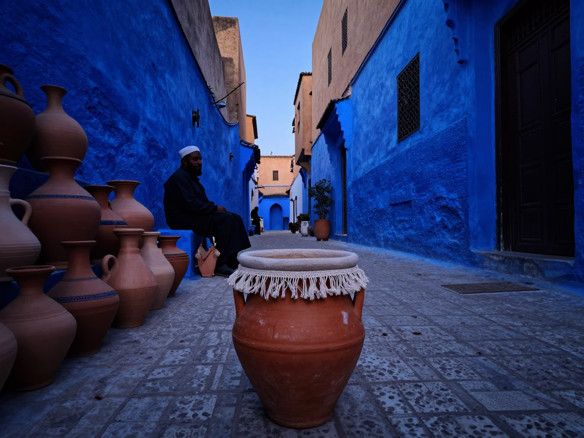 Indigo Twilight Street Scene in Fez Morocco with Traditional Pottery and Linen Fringe Bucket in in Fez, Morocco