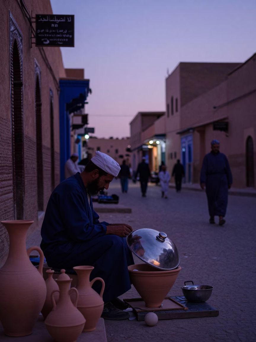 Indigo Twilight Street Scene in Fez Morocco with Traditional Pottery and Workshop Tools in in Fez, Morocco