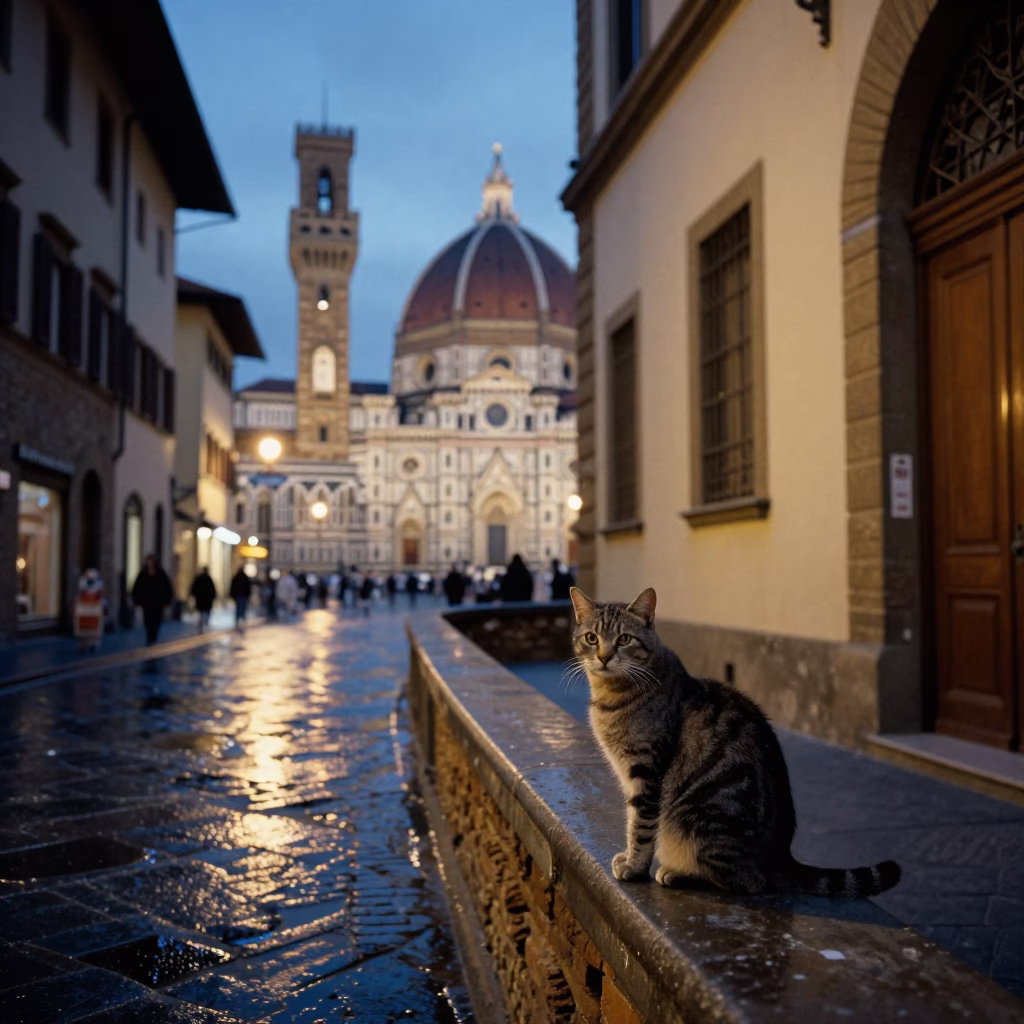 Indigo Twilight Street Scene in Florence Italy with Cat and Cloister in in Florence, Italy