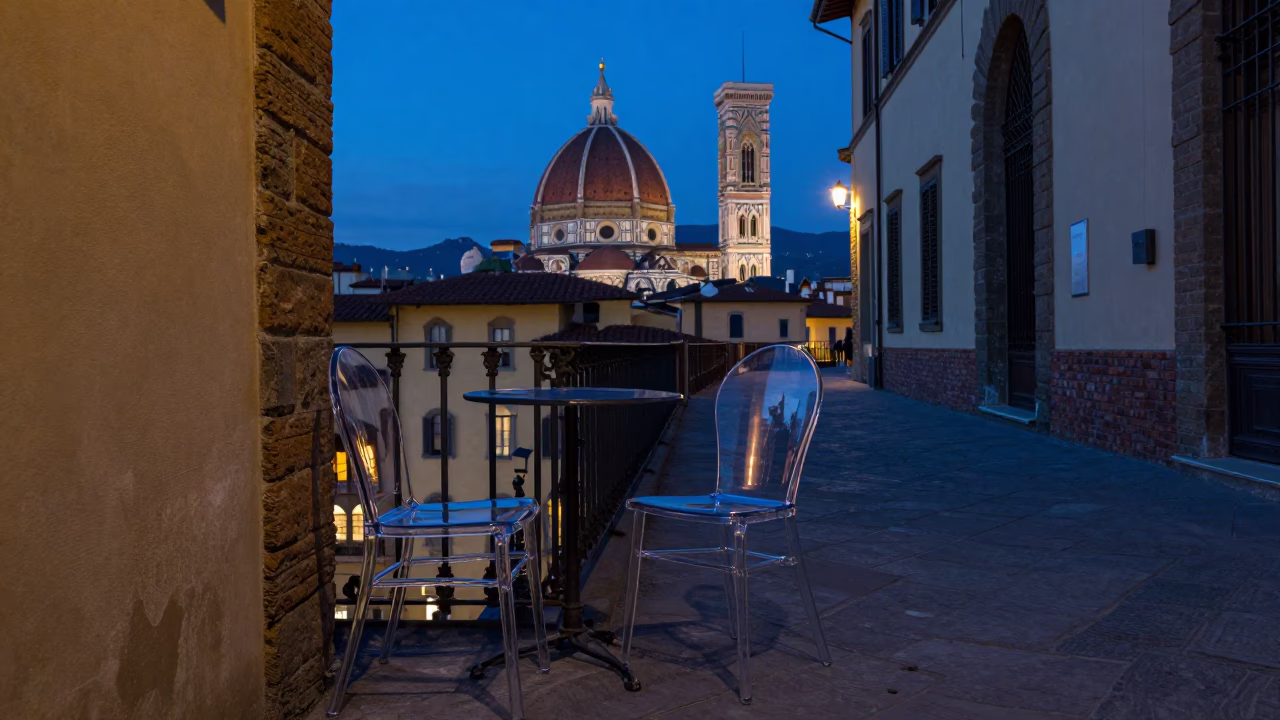 Indigo Twilight Street Scene in Florence Italy with Glass Chair and Lampshade in in Florence, Italy