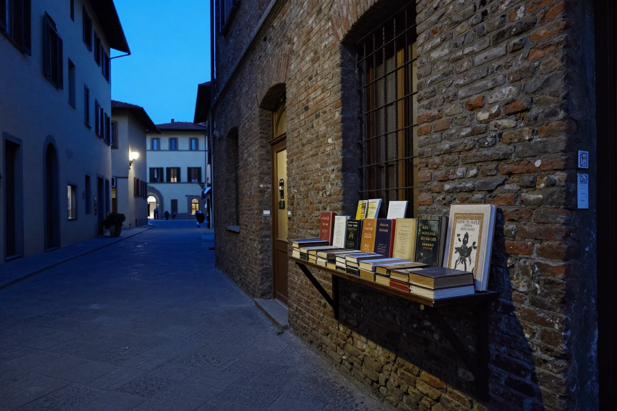 Indigo Twilight Street Scene in Florence Italy with Old Books and Weathered Shelf Bracket in in Florence, Italy