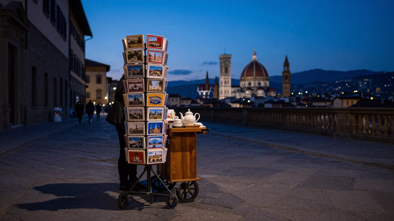 Indigo Twilight Street Scene in Florence Italy with Postcards and Teapot on Historic Piazza in in Florence, Italy