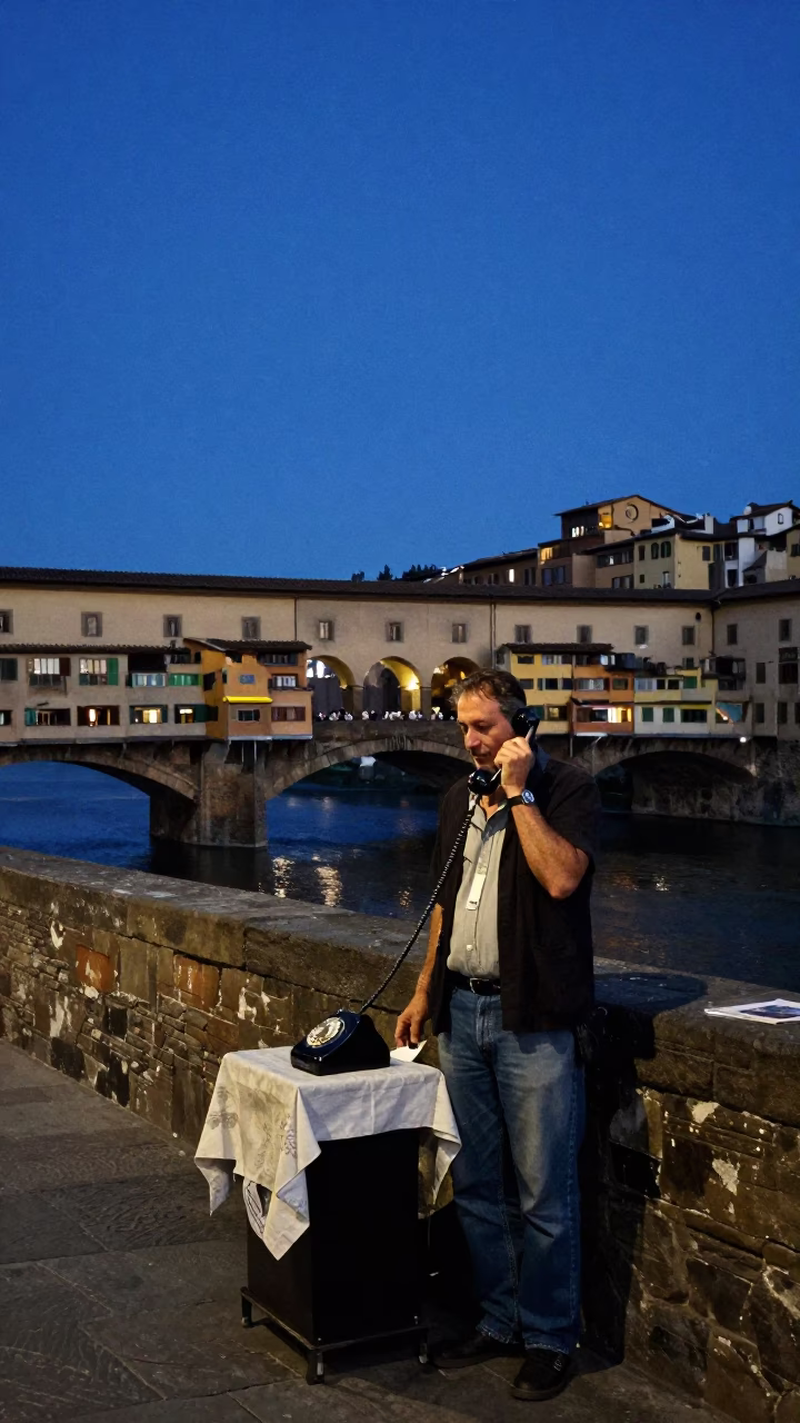 Indigo Twilight Street Scene in Florence Italy with Vintage Bakelite Telephone in in Florence, Italy