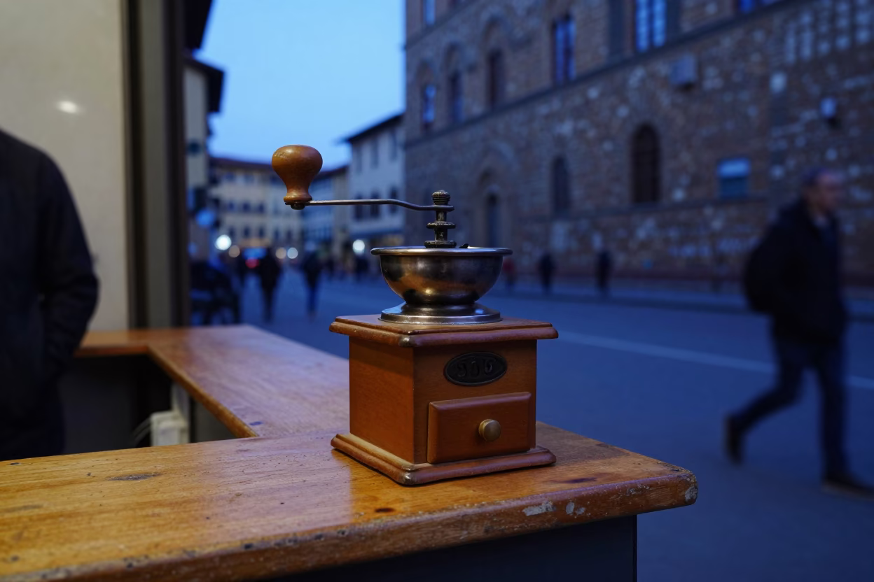 Indigo Twilight Street Scene in Florence Italy with Vintage Coffee Grinder and Ceramic Cup in in Florence, Italy