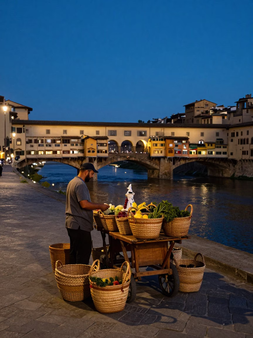 Indigo Twilight Street Scene in Florence Italy with Woven Baskets in in Florence, Italy