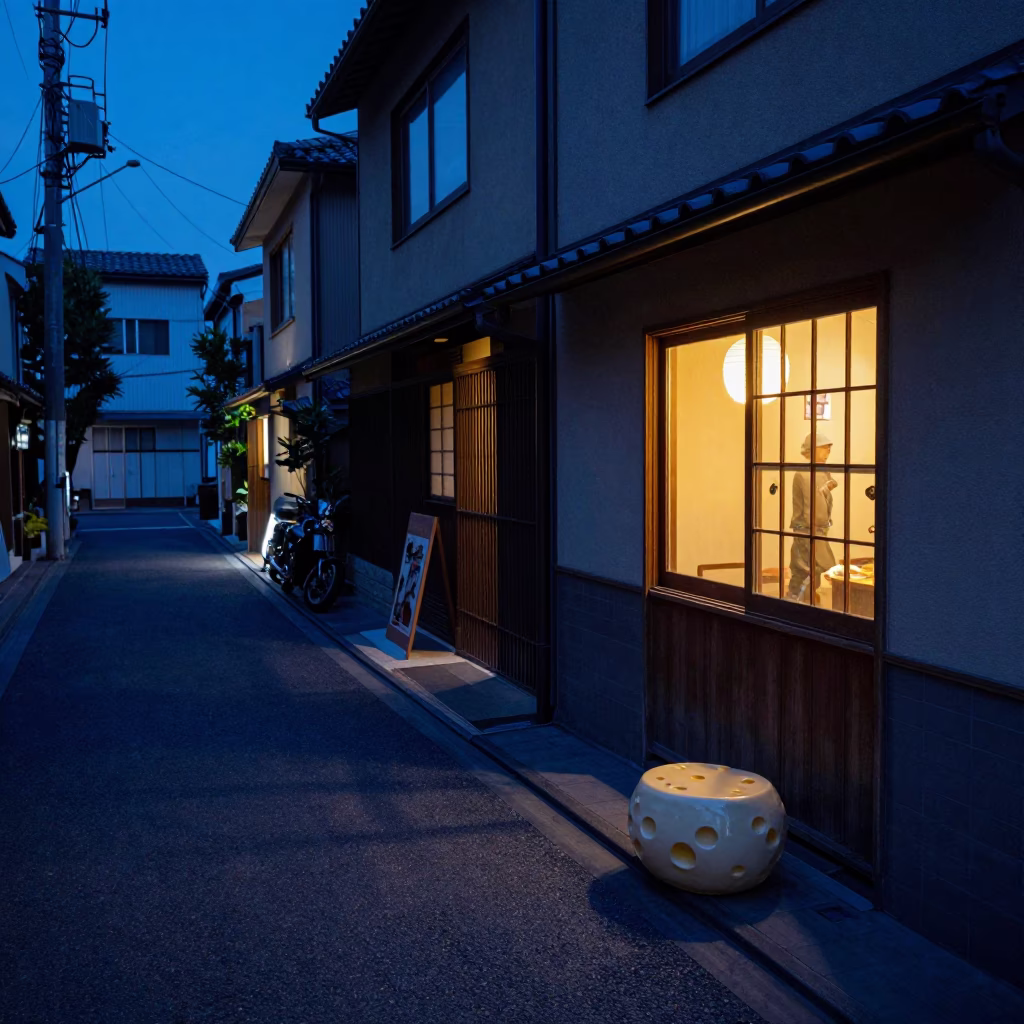 Indigo Twilight Street Scene in Fukuoka Japan with Ceramic Beehive Cheese Dome in in Fukuoka, Japan