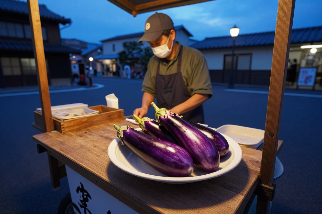 Indigo Twilight Street Scene in Fukuoka Japan with Ceramic Plate and Eggplants in in Fukuoka, Japan