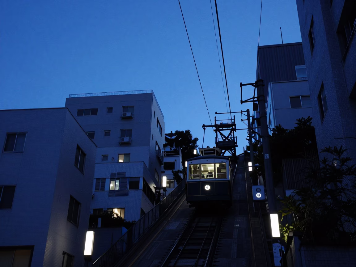 Indigo twilight street scene in Fukuoka Japan with funicular climbing steep hill in in Fukuoka, Japan