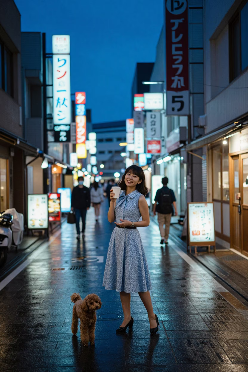 Indigo Twilight Street Scene in Fukuoka Japan with Poodle and Coffee in in Fukuoka, Japan