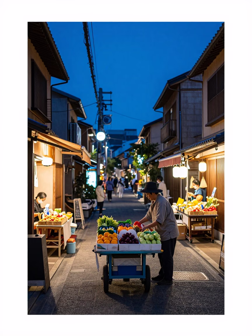 Indigo Twilight Street Scene in Fukuoka Japan with Rolling Carts and Urban Life in in Fukuoka, Japan