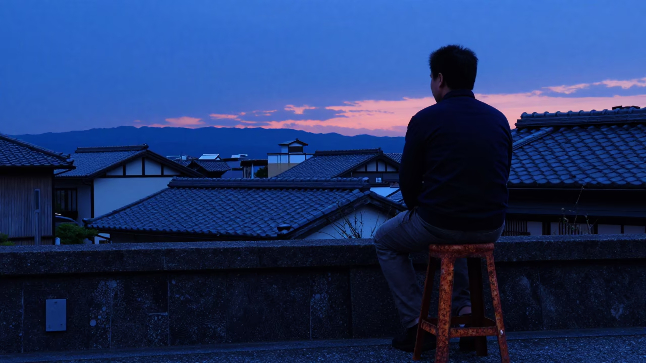Indigo Twilight Street Scene in Fukuoka Japan with Rusty Stool and Ceramic Bowl in in Fukuoka, Japan