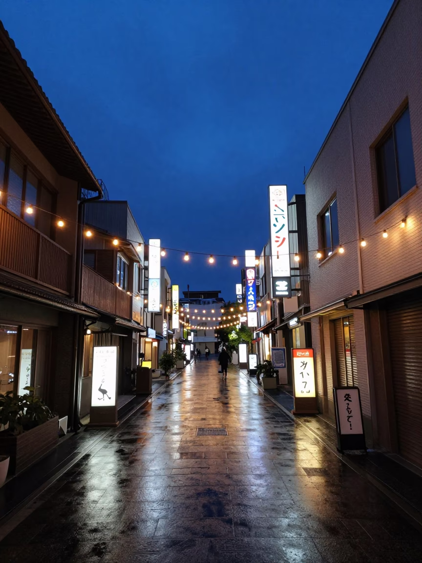 Indigo Twilight Street Scene in Fukuoka Japan with String Lights and Diners in in Fukuoka, Japan