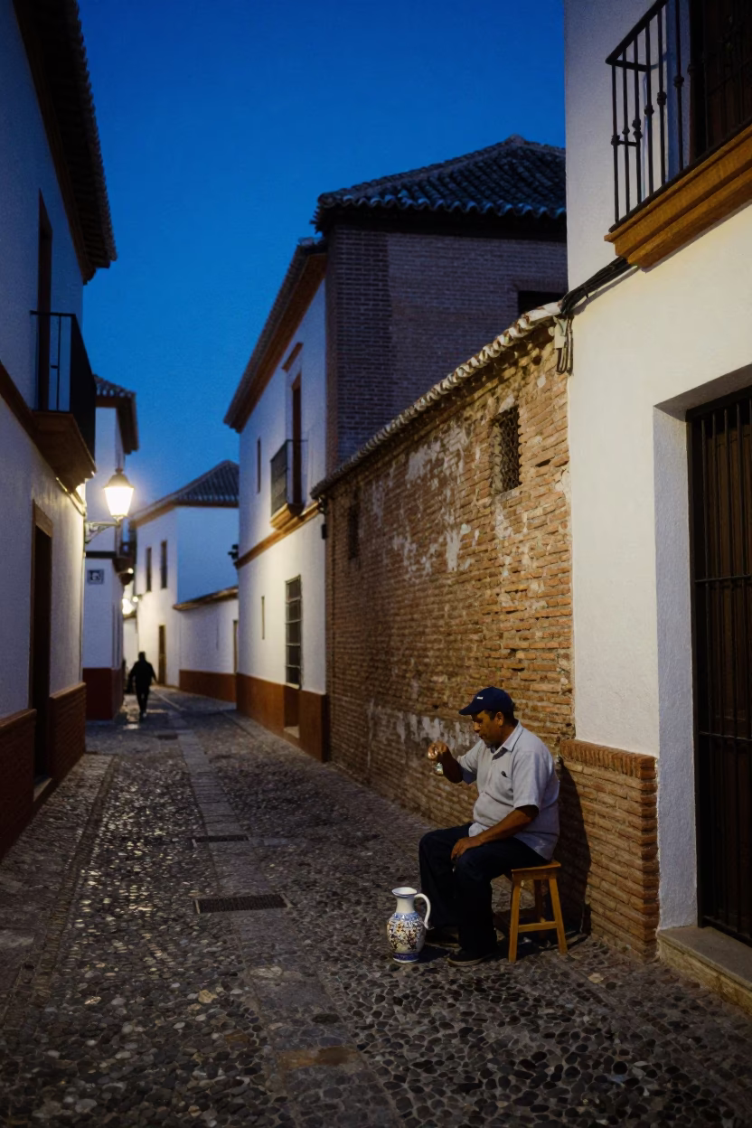 Indigo Twilight Street Scene in Granada Spain with Ceramic Pitcher and Brick Alleyway in in Granada, Spain