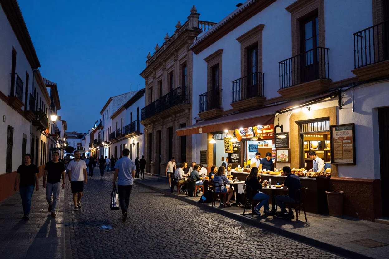 Indigo Twilight Street Scene in Granada Spain with Local Food and Urban Life in in Granada, Spain