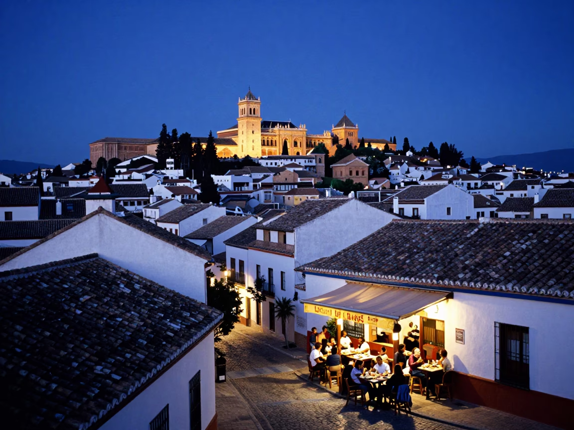 Indigo Twilight Street Scene in Granada Spain with Local Tapas Bar Activity in in Granada, Spain