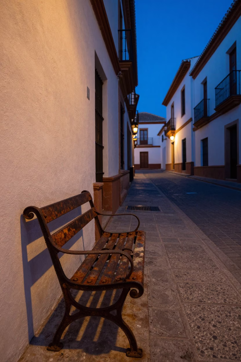 Indigo Twilight Street Scene in Granada Spain with Rusty Bench and Condensation in in Granada, Spain