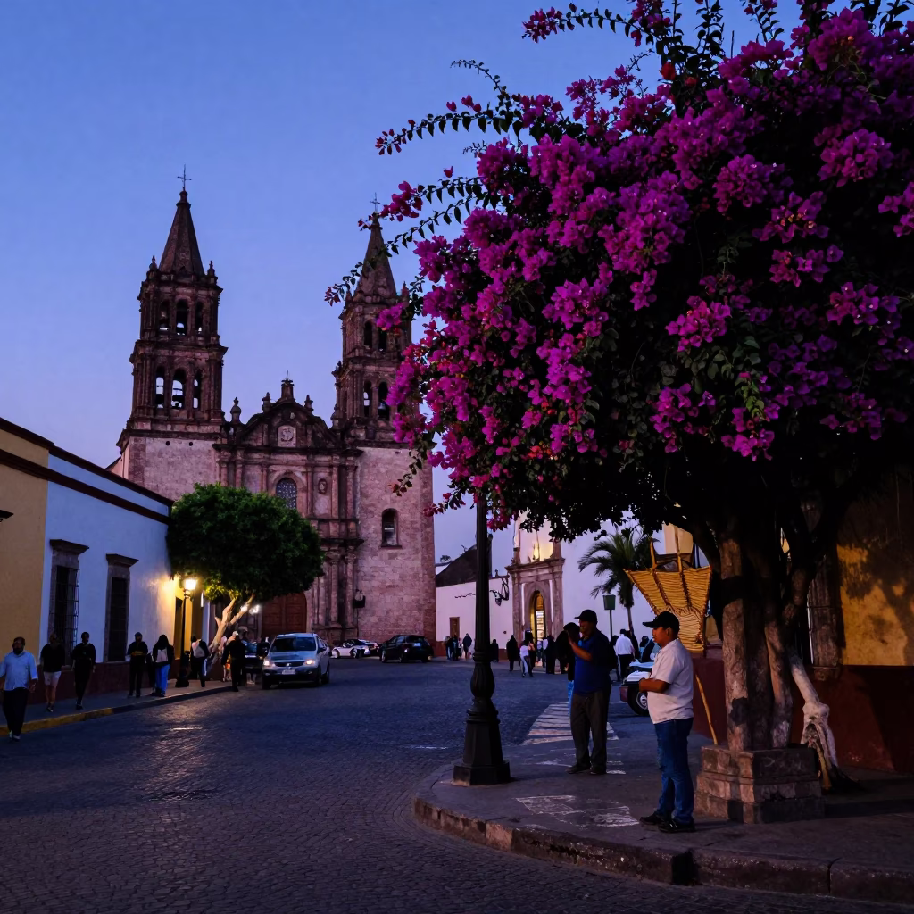 Indigo Twilight Street Scene in Guadalajara Mexico with Bougainvillea and Woven Baskets in in Guadalajara, Mexico