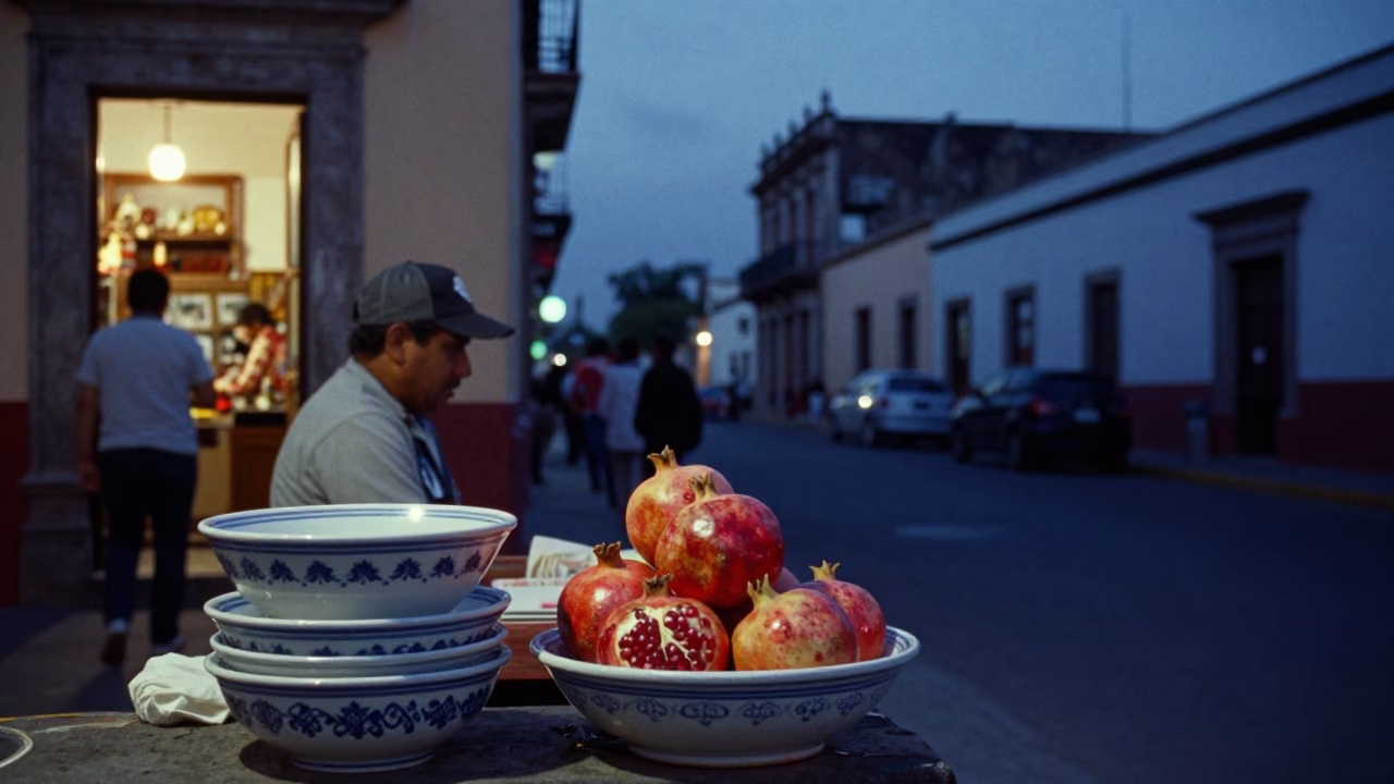 Indigo Twilight Street Scene in Guadalajara Mexico with Ceramic Bowl and Pomegranate in in Guadalajara, Mexico