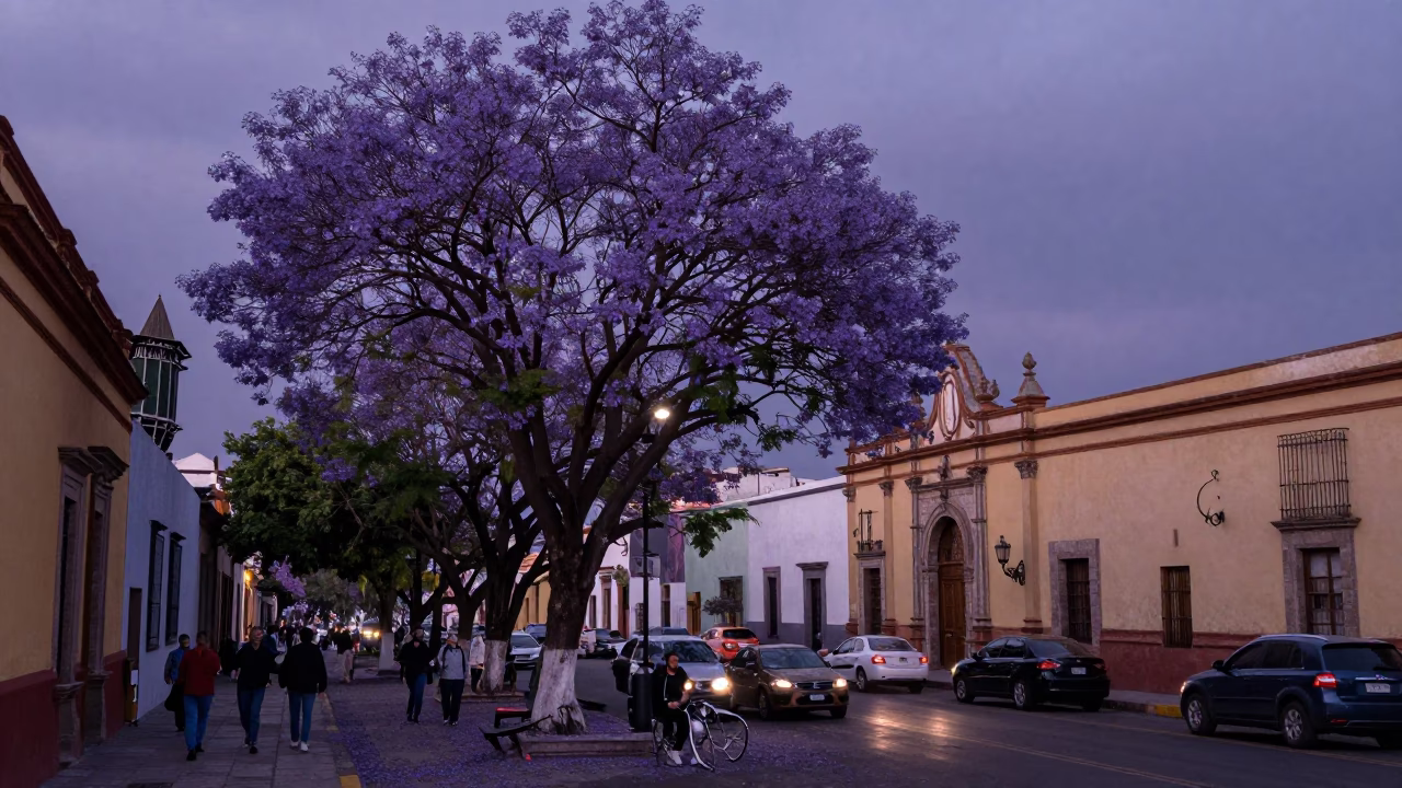 Indigo Twilight Street Scene in Guadalajara Mexico with Jacaranda Bloom and Local Market Activity in in Guadalajara, Mexico