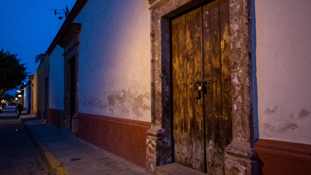 Indigo Twilight Street Scene in Guadalajara Mexico with Padlock and Paint Flecks in in Guadalajara, Mexico