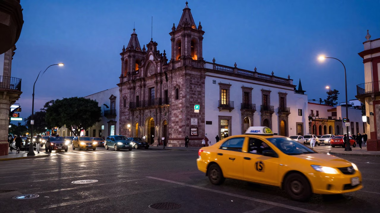 Indigo Twilight Street Scene in Guadalajara Mexico with Yellow Taxi and Pedestrians in in Guadalajara, Mexico
