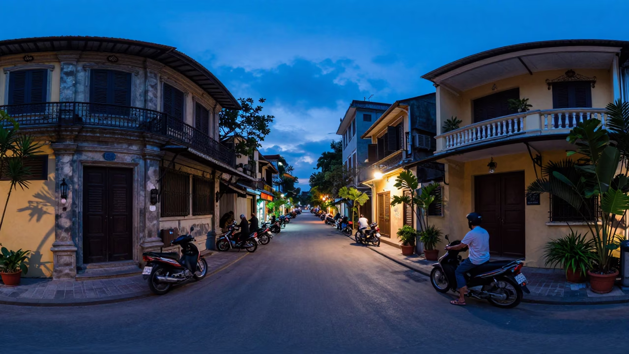 Indigo Twilight Street Scene in Hanoi Vietnam with Motorbikes and Houseplants in in Hanoi, Vietnam