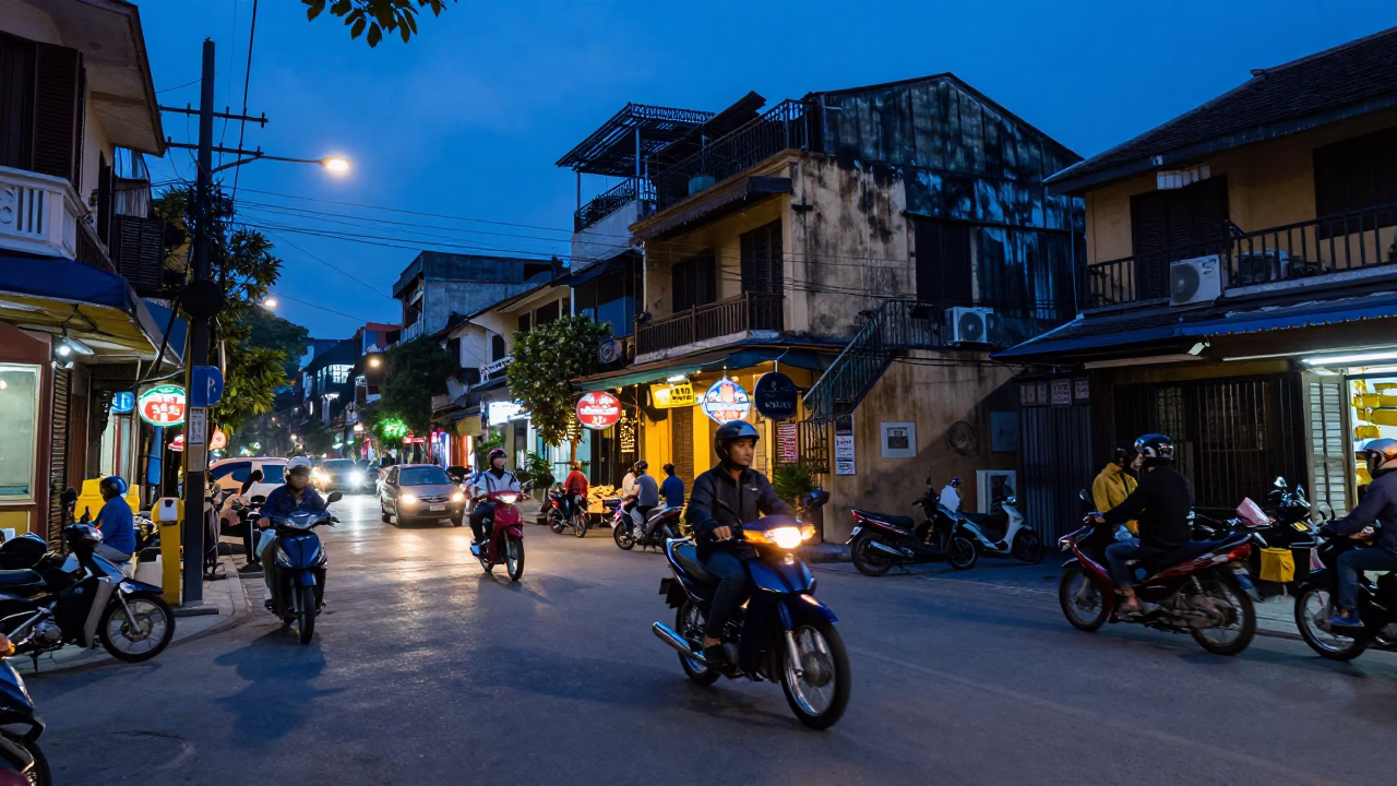 Indigo Twilight Street Scene in Hanoi Vietnam with Motorbikes and Local Life in in Hanoi, Vietnam