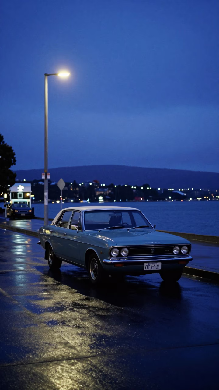 Indigo Twilight Street Scene in Hobart Tasmania With Vintage 1970s Car and Eucalyptus in in Hobart, Tasmania, Australia