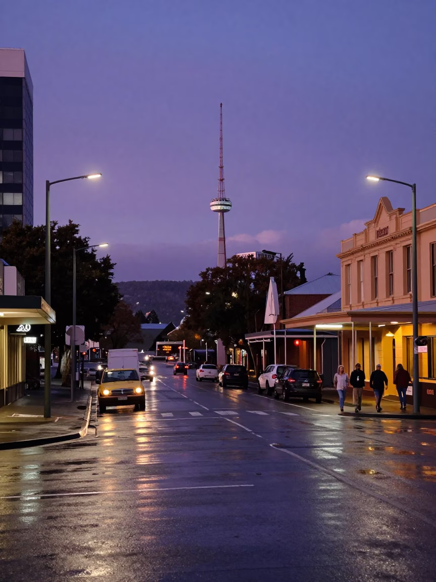 Indigo Twilight Street Scene in Hobart Tasmania with Vintage 1970s Details in in Hobart, Tasmania, Australia