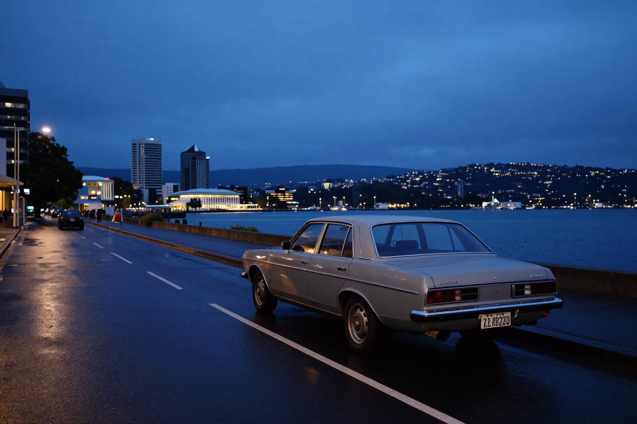 Indigo Twilight Street Scene in Hobart Tasmania with Vintage Car and Bus Stop in in Hobart, Tasmania, Australia