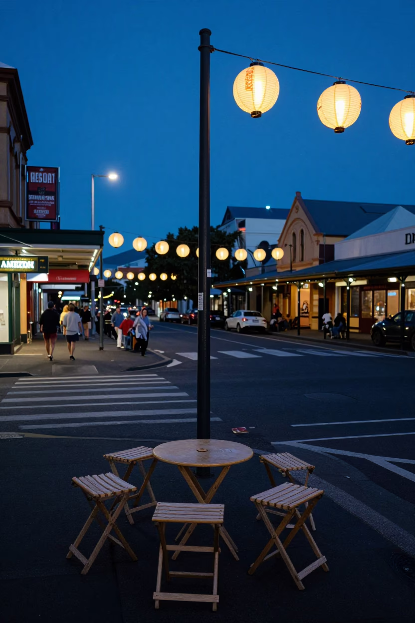 Indigo Twilight Street Scene in Hobart Tasmania with Vintage Folding Stools and Market Lanterns in in Hobart, Tasmania, Australia