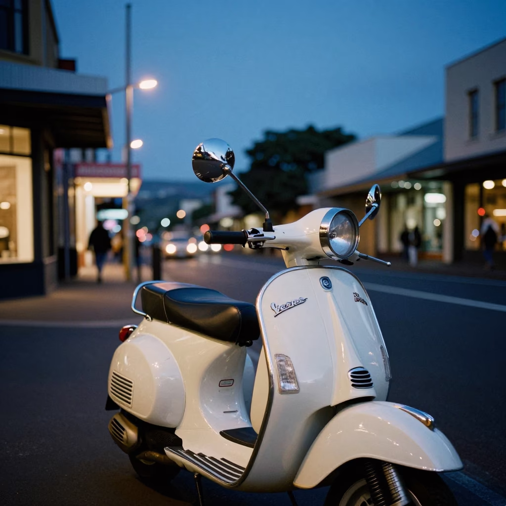 Indigo Twilight Street Scene in Hobart Tasmania with Vintage Vespa and Cobblestone Reflections in in Hobart, Tasmania, Australia