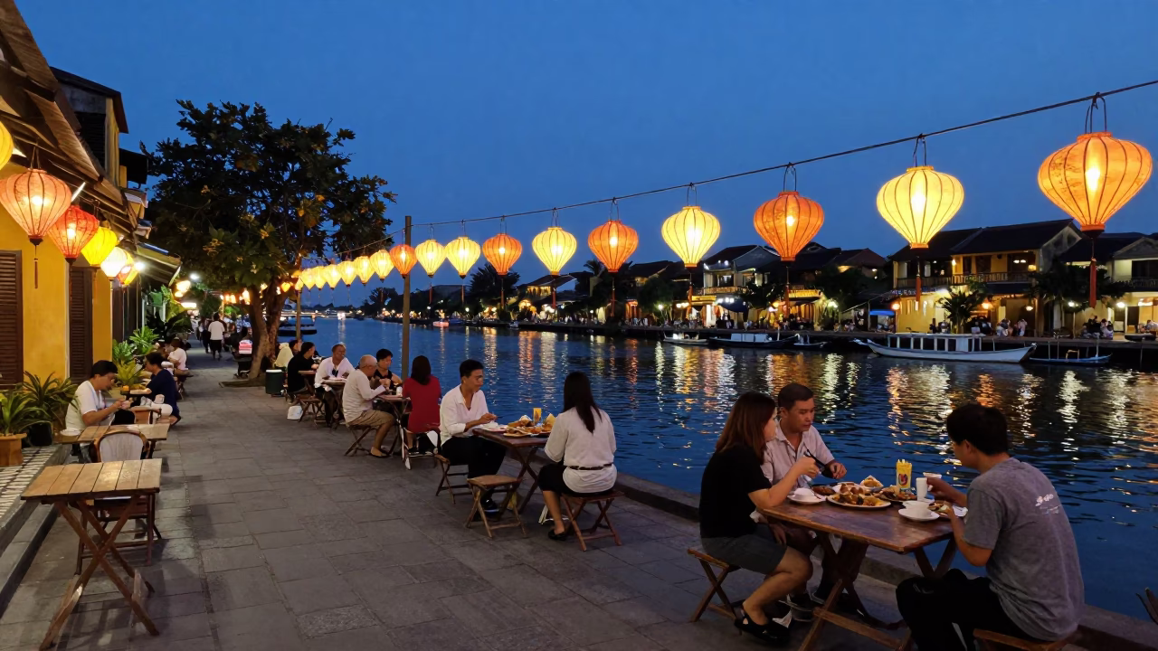 Indigo Twilight Street Scene in Hoi An Vietnam with Folding Tables and Lanterns in in Hoi An, Vietnam