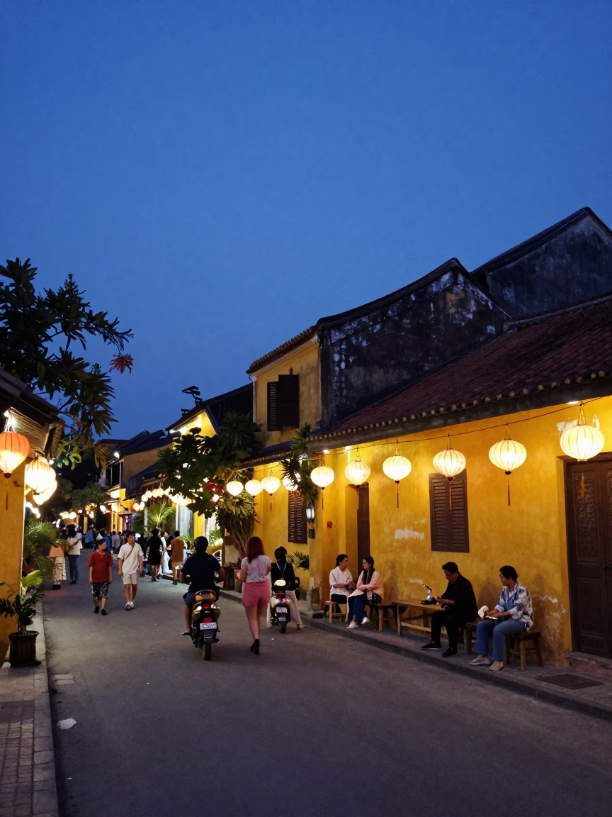 Indigo Twilight Street Scene in Hoi An Vietnam with Lanterns and Local Dining in in Hoi An, Vietnam