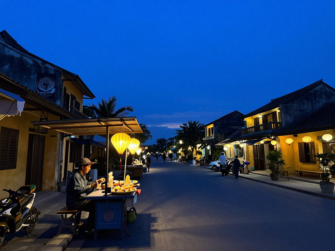 Indigo Twilight Street Scene in Hoi An Vietnam with Lanterns and Local Life in in Hoi An, Vietnam