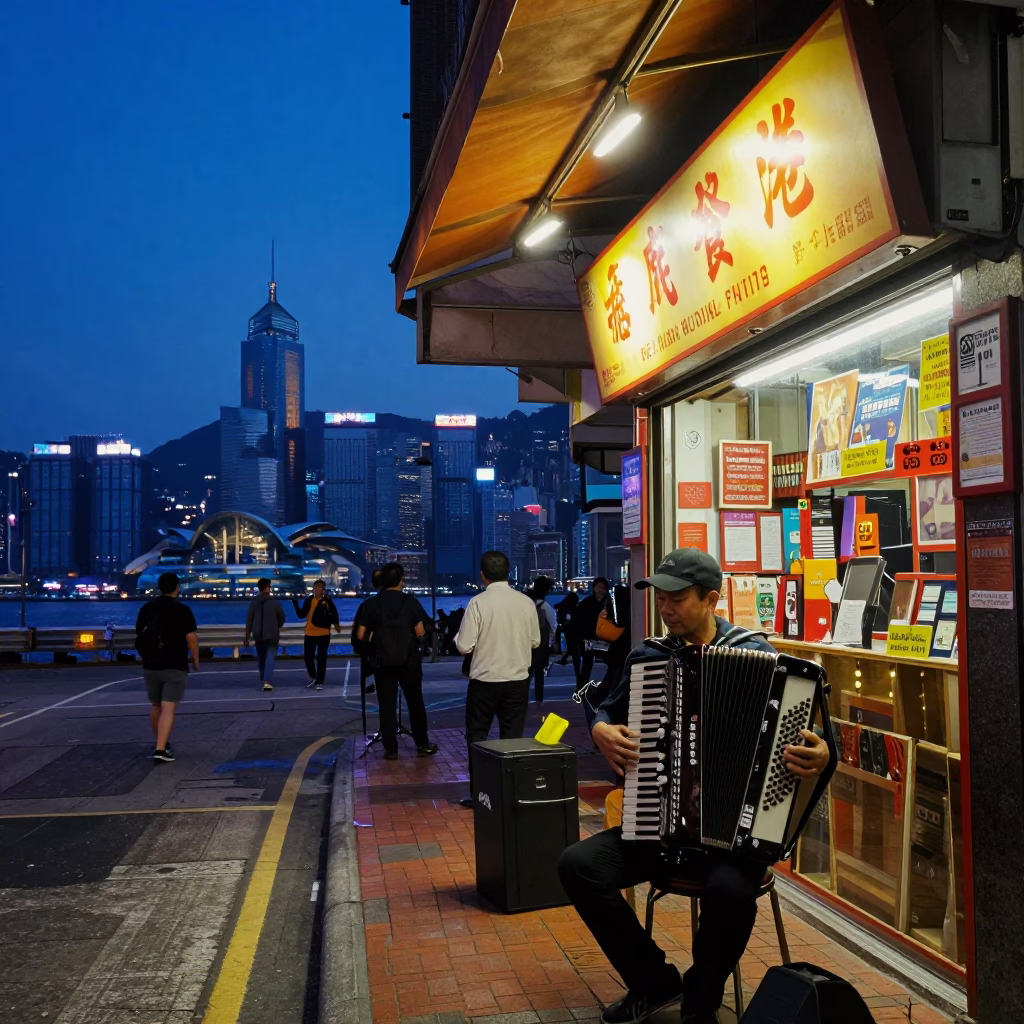 Indigo Twilight Street Scene in Hong Kong with Accordion Musician and Colorful Details in in Hong Kong, Hong Kong