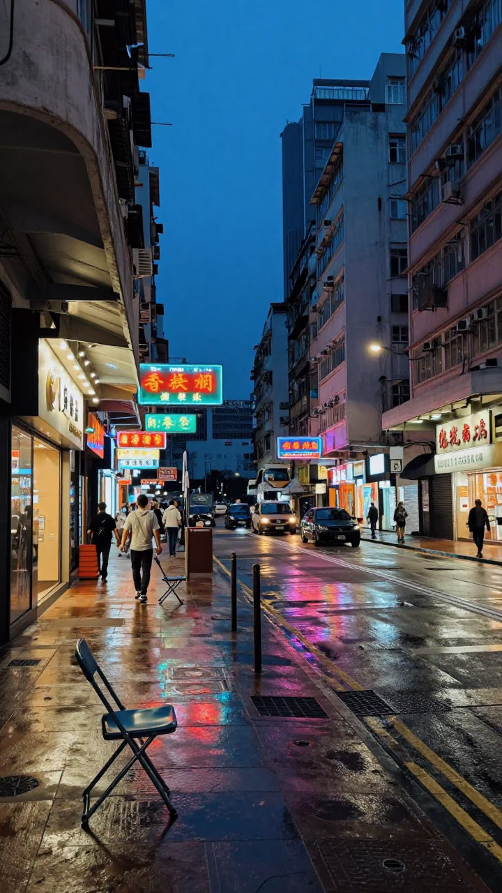 Indigo twilight street scene in Hong Kong with folding chair and construction activity in in Hong Kong, Hong Kong