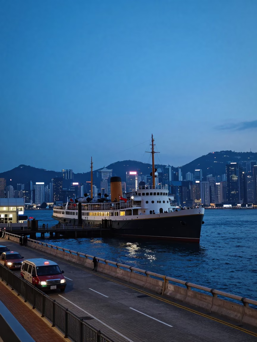 Indigo Twilight Street Scene in Hong Kong with Steamship and Grease Sheen in in Hong Kong, Hong Kong
