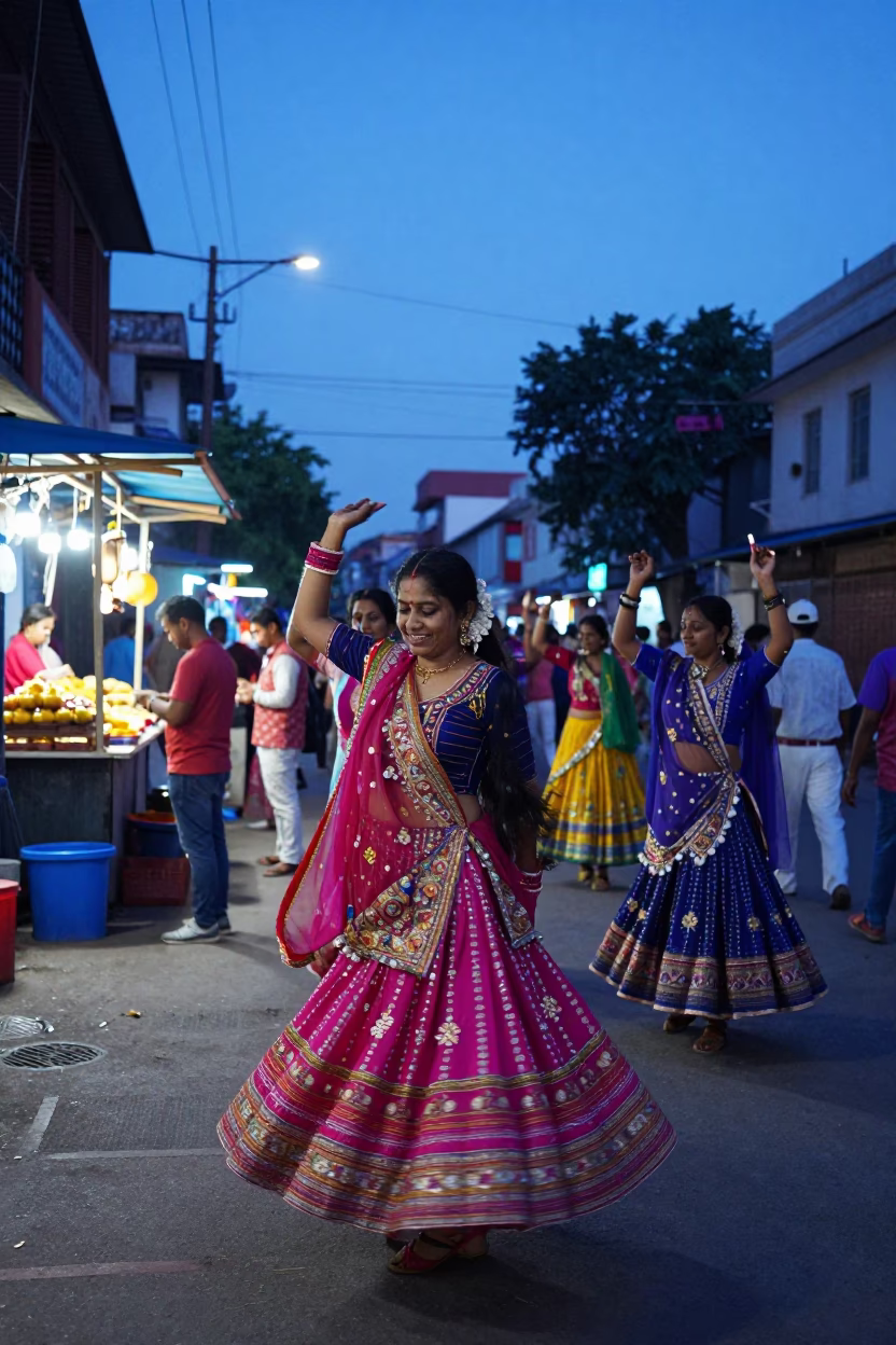 Indigo Twilight Street Scene in Hyderabad India with Colorful Navratri Garba Dancers in in Hyderabad, India