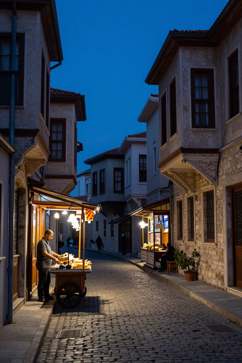 Indigo Twilight Street Scene in Istanbul Turkey with Local Food and Lanterns in in Istanbul, Turkey