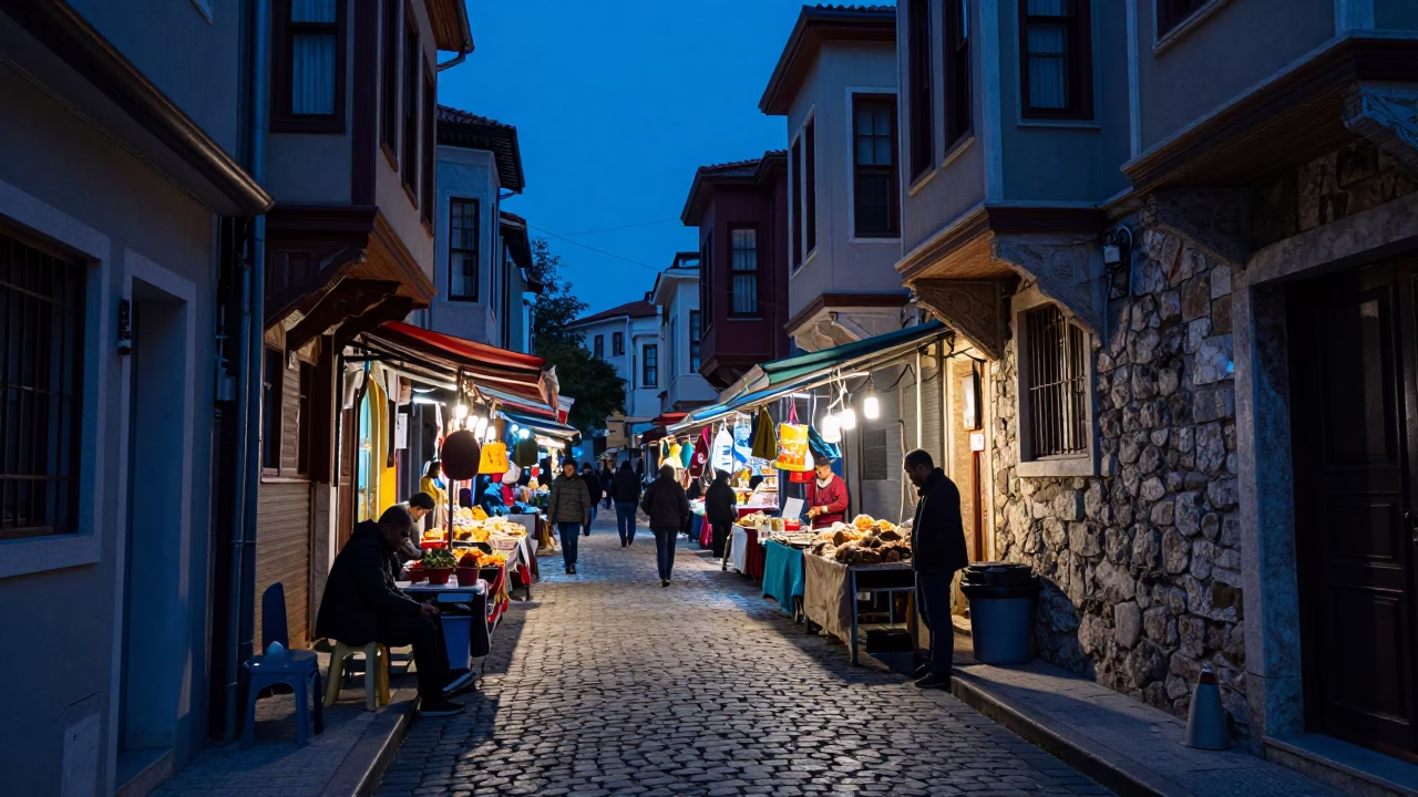 Indigo Twilight Street Scene in Istanbul Turkey with Local Market Activity in in Istanbul, Turkey