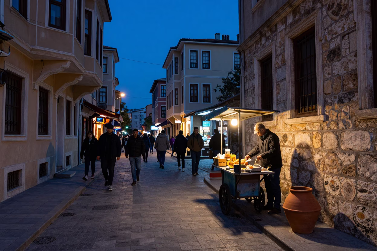 Indigo Twilight Street Scene in Istanbul Turkey with Terracotta Pot and Window Light in in Istanbul, Turkey