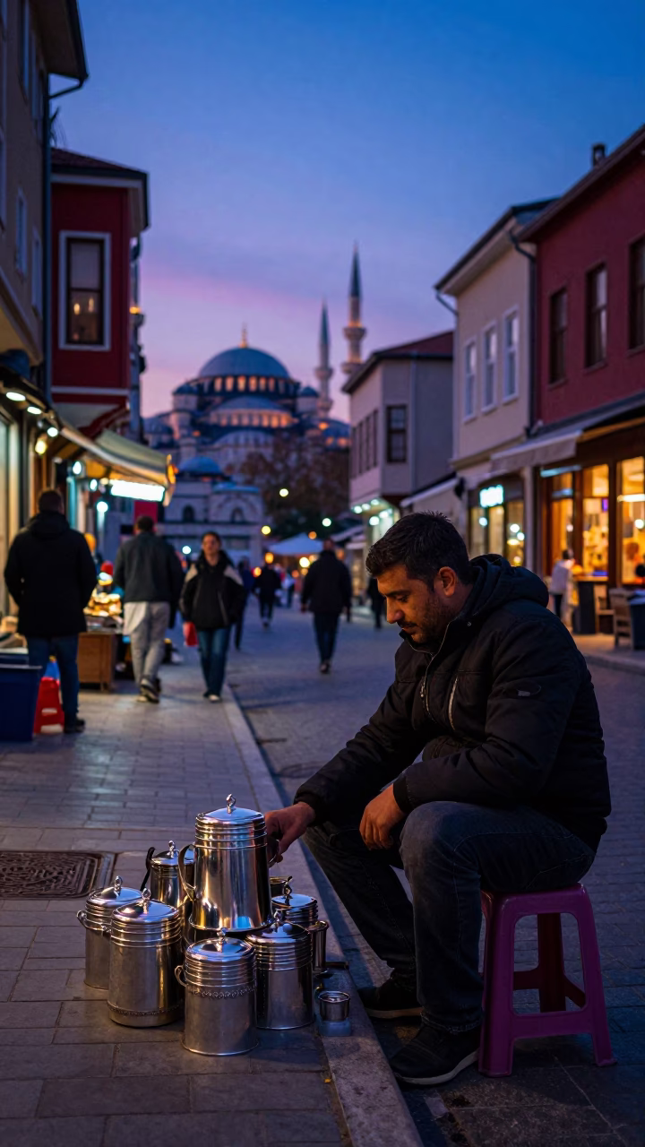 Indigo Twilight Street Scene in Istanbul with Tea Tin and Mint Leaves in in Istanbul, Turkey