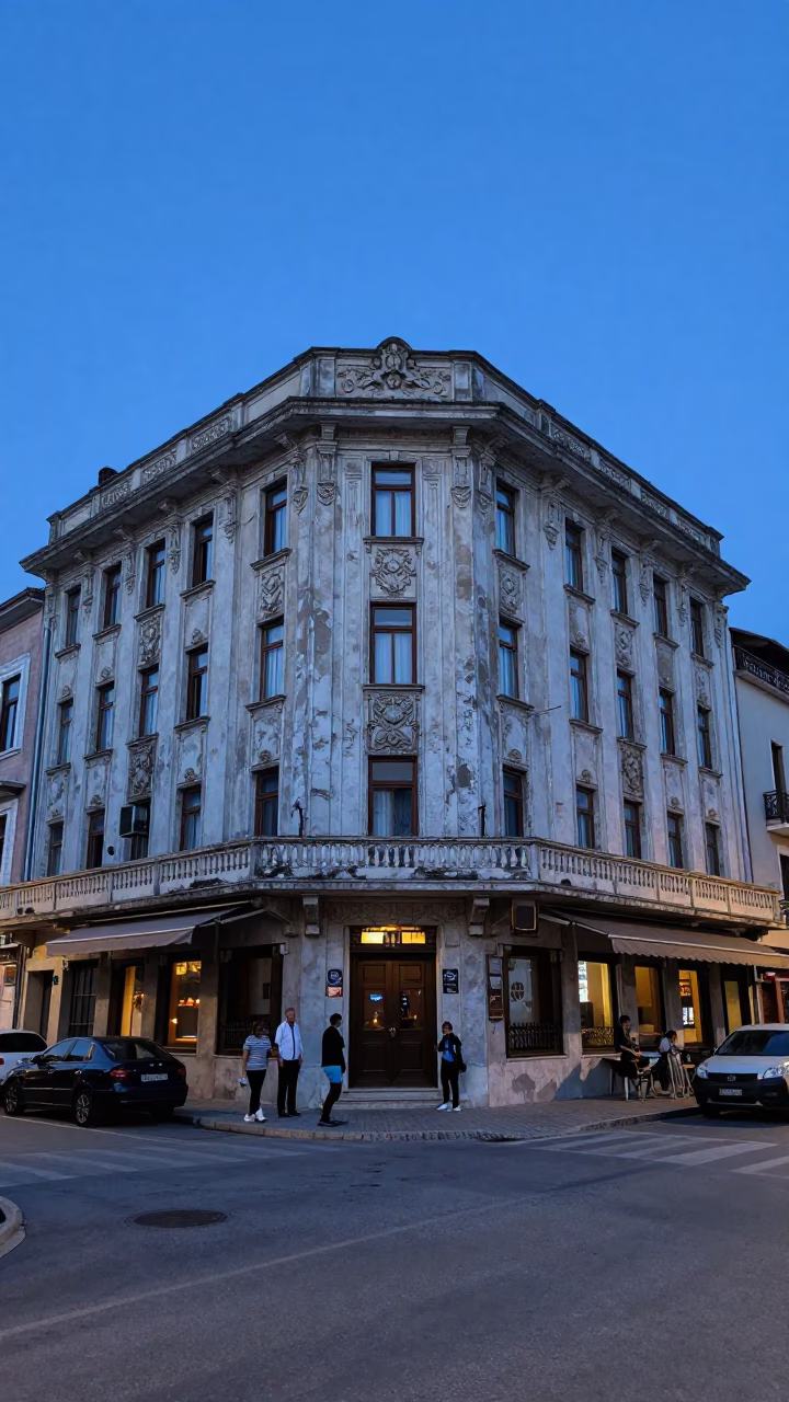 Indigo Twilight Street Scene in Izmir Turkey with Art Deco Facade and Lantern Light in in Izmir, Turkey