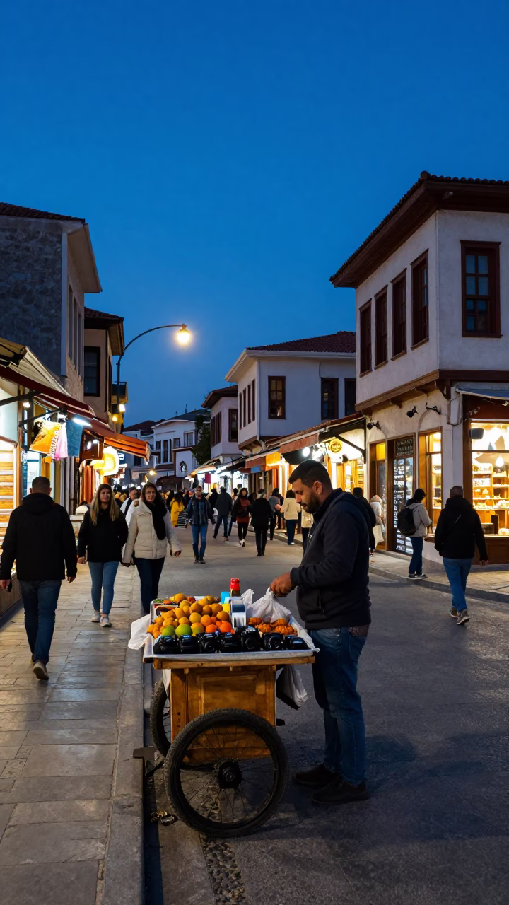 Indigo Twilight Street Scene in Izmir Turkey with Local Vendor and Backgammon in in Izmir, Turkey