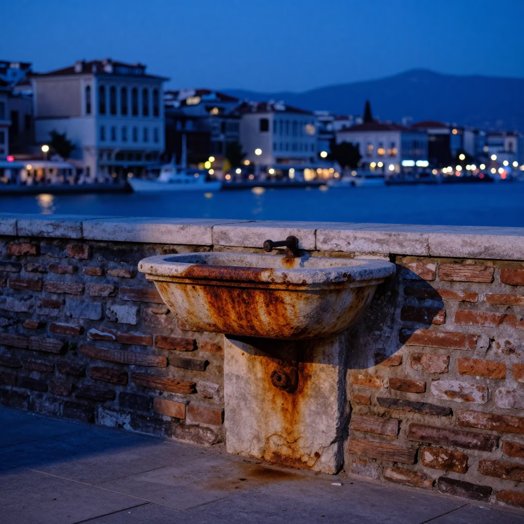 Indigo Twilight Street Scene in Izmir Turkey with Rusty Basin and Hydrangeas in in Izmir, Turkey